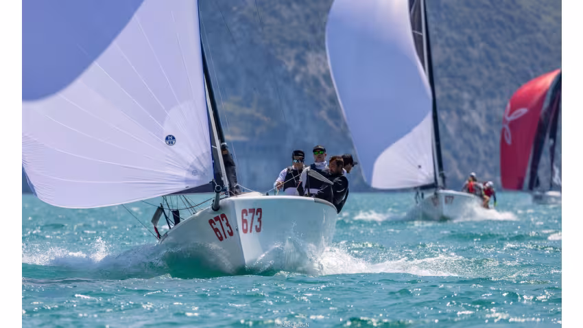 Nefeli GER673 of Peter Karrie with Niccolo Bianchi calling the tactics, is trailing the current leader being four points behind on Day 1 of the Melges 24 European Sailing Series 2022 event 4 in Riva del Garda, Italy.