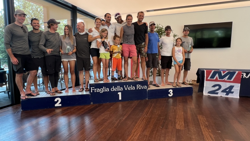 The overall podium of the Melges 24 European Sailing Series 2022 event 4 in Riva del Garda, Italy - 1. Strambapapa ITA689; 2. Black Seal GBR822; 3. Altea ITA722.