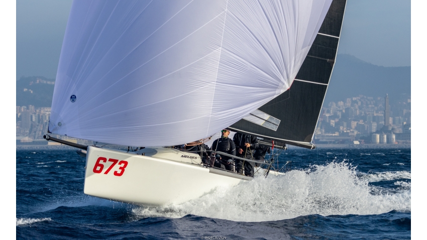 Nefeli GER673 of Peter Karrie with Alessandro Franci, Niccolo Bianchi, Saverio Cigliano and Alessandro Saettone wins the Race 8 at the Melges 24 Europeans 2022 in Genoa on Day Four