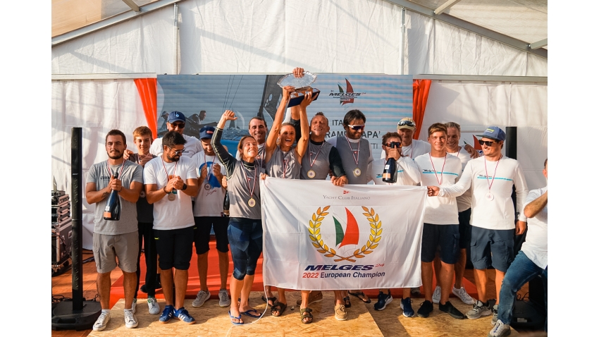 The overall podium of the Melges 24 European Championship 2022 in Genoa - Strambapapa ITA689, Mataran 24 CRO383 and Melgina ITA693