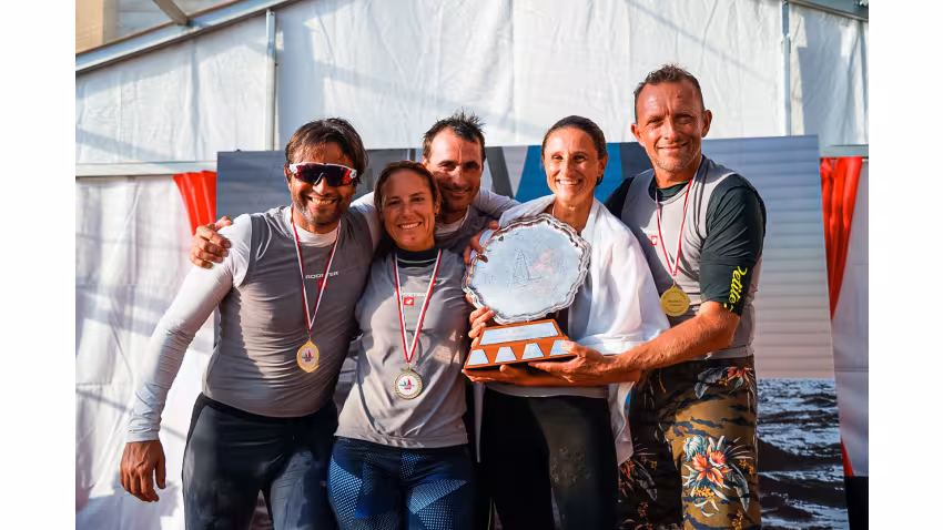 Strambapa ITA689 - Michele Paoletti, Giovanna Micol, Giulia Pignolo, Davide Bivi and Pietro Perelli - 2022 Melges 24 European Champions with Giorgio Zuccoli's Melges 24 European Championship Trophy in Genoa