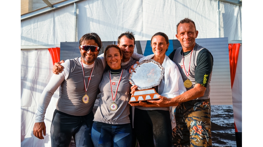 Strambapa ITA689 - Michele Paoletti, Giovanna Micol, Giulia Pignolo, Davide Bivi and Pietro Perelli - 2022 Melges 24 European Champions with Giorgio Zuccoli's Melges 24 European Championship Trophy in Genoa