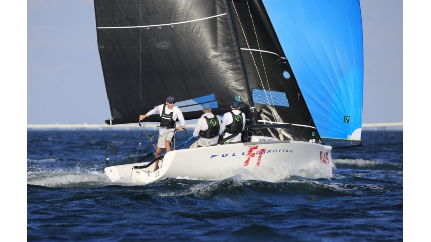 Defending Melges 24 U.S. National Champion Brian Porter sailing Full Throttle reveled in the fresh breeze on Pensacola Bay to take the overall lead.