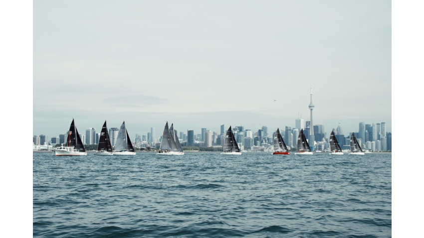 Melges 24 fleet racing in front of the Toronto skyline at the Canadian National Championship 2022