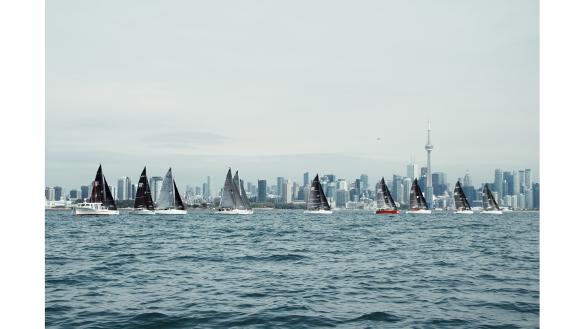 Melges 24 fleet racing in front of the Toronto skyline at the Canadian National Championship 2022