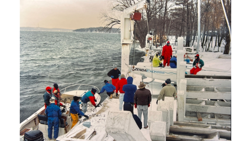 Melges 24 hull no 1 in December 1992. Buddy, Harry and Hans Melges, Billy Freytag, Brian Porter and John Porter. To further prove just how cold it was, Burdick, who is not pictured was ice boating on a lake less than 10 miles away.