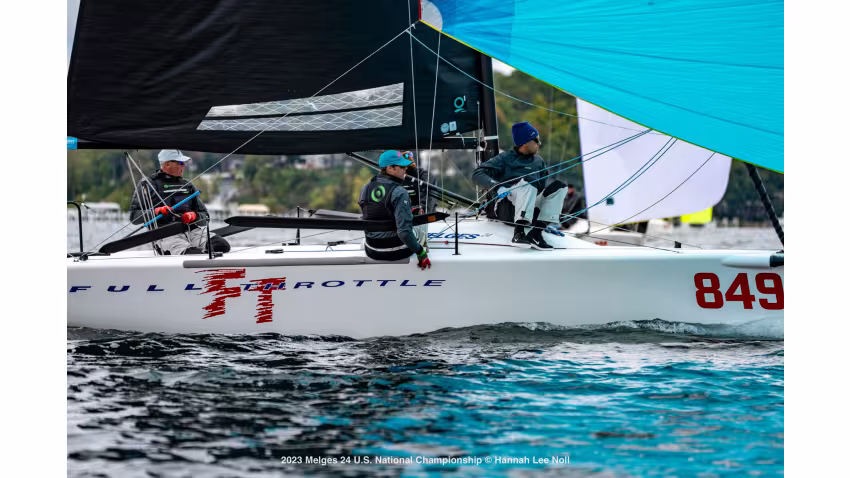 Brian Porter at the helm of FULL THROTTLE USA849 with his ‘boys’: Bri Porter, RJ Porter and Matt Woodworth as crew - 2023 Melges 24 U.S. National Champions