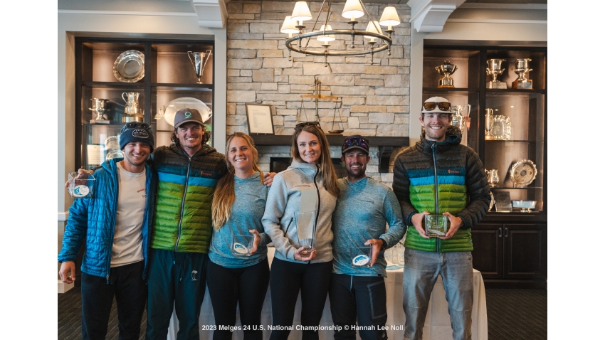 STRAIGHTARROW USA830 team of Chlesea Simms with George Peet and their Baby Simms-Peet, Ian Beckley, Paris Henken, and Jeremy Wilmot - 2023 Melges 24 U.S. Nationals