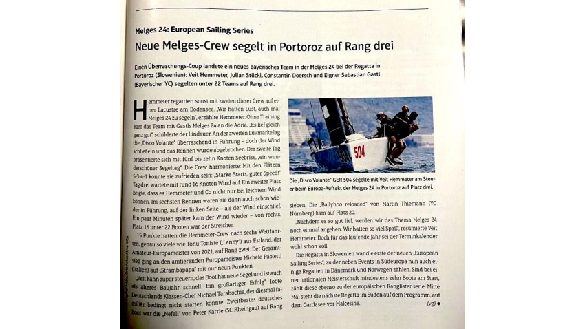 2023 June - Segler Zeitung - Neue Melges-Crew Segelt in Portoroz auf Rang Drei