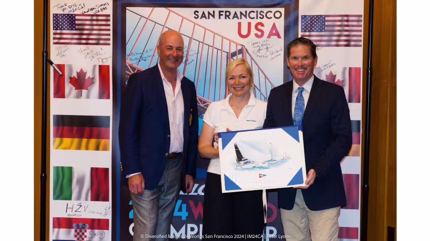 IM24CA Class Administrator Piret Salmistu, Vice Commodore of the SFYC Quentin K. Hills and Regatta Chair Matthew Sessions