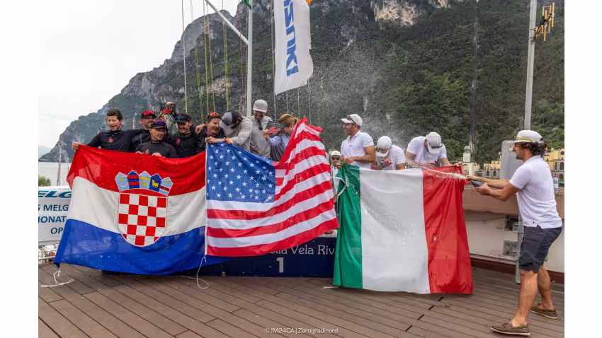 Overall podium: Dark Energy (USA), Razjaren (CRO), Melgina (ITA) - 2025 Melges 24 European Sailing Series / Italian Open Championship