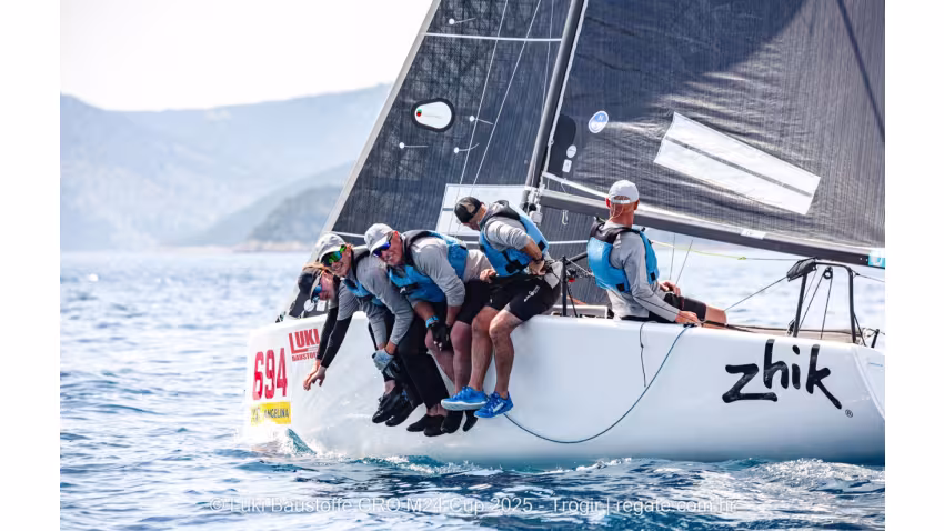 Miles Quinton's Zhik Race Team GBR694 with Geoff Carveth helming - Luki Baustoffe CRO Melges 24 Cup 2025 - Trogir | Melges 24 European Sailing Series 2025