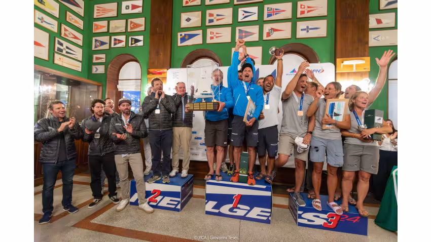 2025 Melges 24 World Championship overall podium - Nefeli (GER), Dark Energy (USA), Strambapapa (ITA)