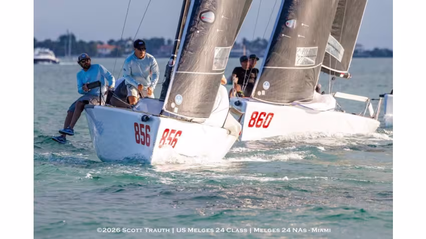 Geoff Fargo's SENTINEL (USA856) and NIKA (MON860) with Christian Schwoerer at the helm - Melges 24 North American Championship 2025, Bacardi Winter Series 2026 Event No 1 - Miami, FL, USA