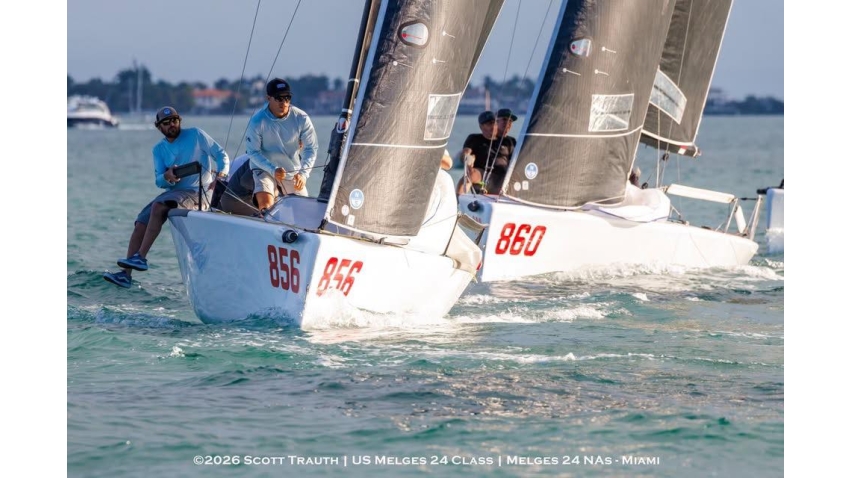 Geoff Fargo's SENTINEL (USA856) and NIKA (MON860) with Christian Schwoerer at the helm - Melges 24 North American Championship 2025, Bacardi Winter Series 2026 Event No 1 - Miami, FL, USA