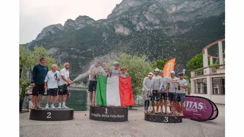 All-Italian Melges 24 Italian Nationals overall podium - Melges 24 Italian National Championship 2026 - Melges 24 European Sailing Series 2026 - Fraglia Vela Riva, Riva del Garda, Italy 