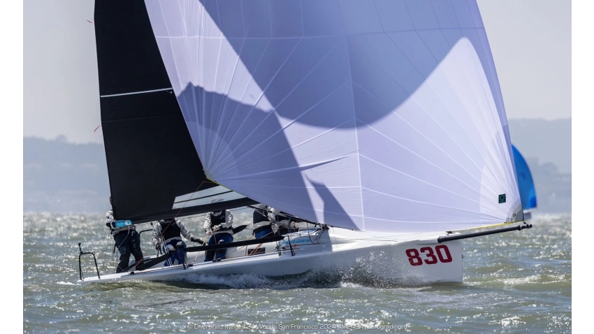 Chelsea Simms sends Straightarrow charging downwind at the 2024 Melges 24 World Championship in San Francisco.