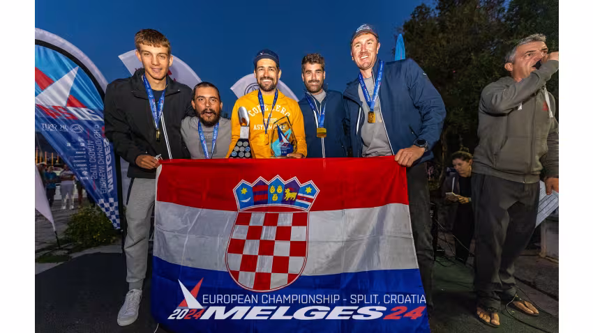 Ante Botica and Mataran 24 team (CRO) by Ivo Matic with the Menno Meyer Corinthian European Trophy - 2024 Melges 24 European Championship in Split, Croatia 