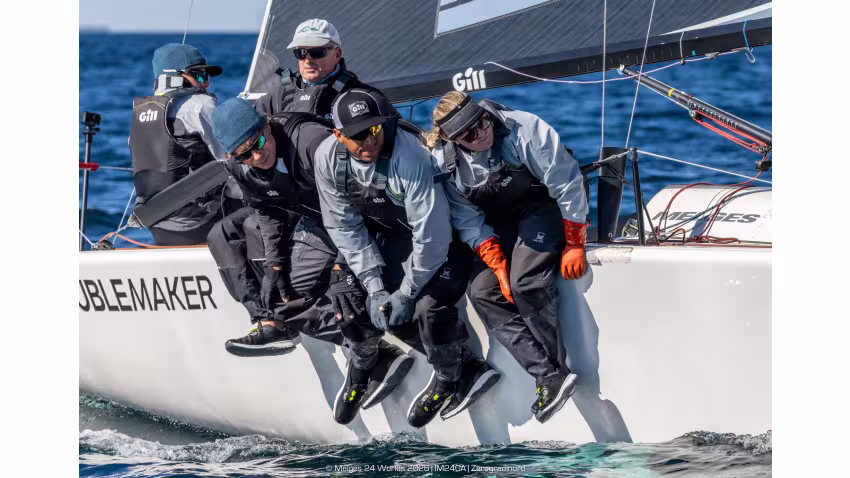 Troublemaker (USA) by Eddie Gary with Steve Liebel, John Goller, Curtis Woodworth and Kathryn Booker is currently third in the Corinthian ranking after Day 3 at the Melges 24 World Championship 2026; proudly supported by the Melges 24 Worlds Official Technical Apparel Partner Gill - Harbor Springs, MI, USA 
