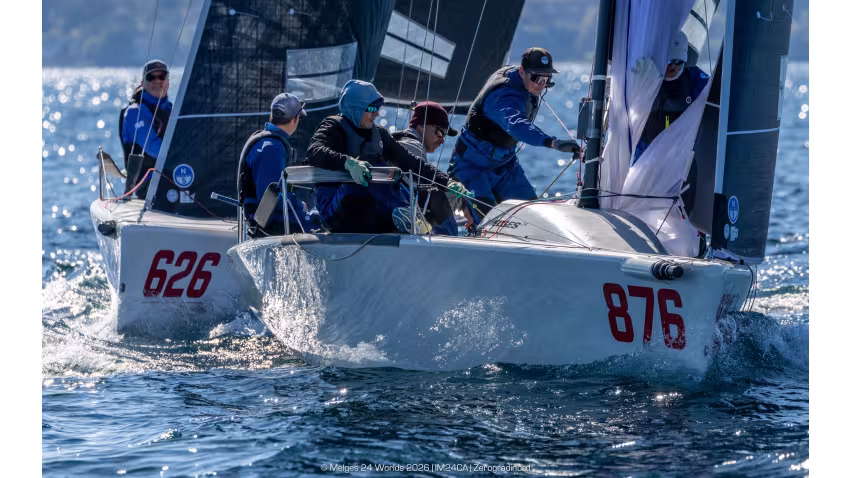 Michael Goldfarb's Warcanoe (USA) with Nick Rogers helming,Julia Mamen, Chris Grube, Richard Clarke and Alyosha Strum-Palerm in crew, on Day 3 of the Melges 24 World Championship 2026 - Harbor Springs, MI, USA