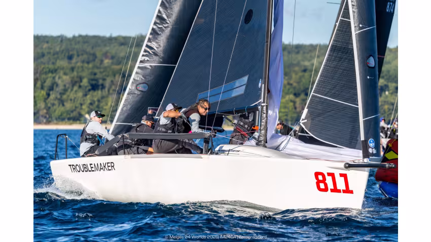 Troublemaker (USA) by Eddie Gary with Steve Liebel, John Goller, Curtis Woodworth and Kathryn Booker is currently third in the Corinthian ranking after Day 3 at the Melges 24 World Championship 2026; proudly supported by the Melges 24 Worlds Official Technical Apparel Partner Gill 