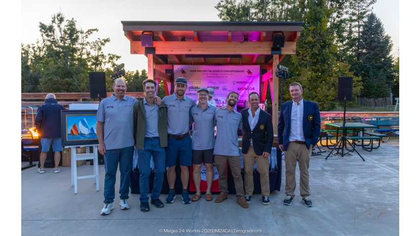 Dick Kalow of Mustang (USA 853) with Alec Kalow, Chris Stocke, Jonathan Goldsberry and Emory Williams - The best Rookie Owner at the Melges 24 Worlds 2026