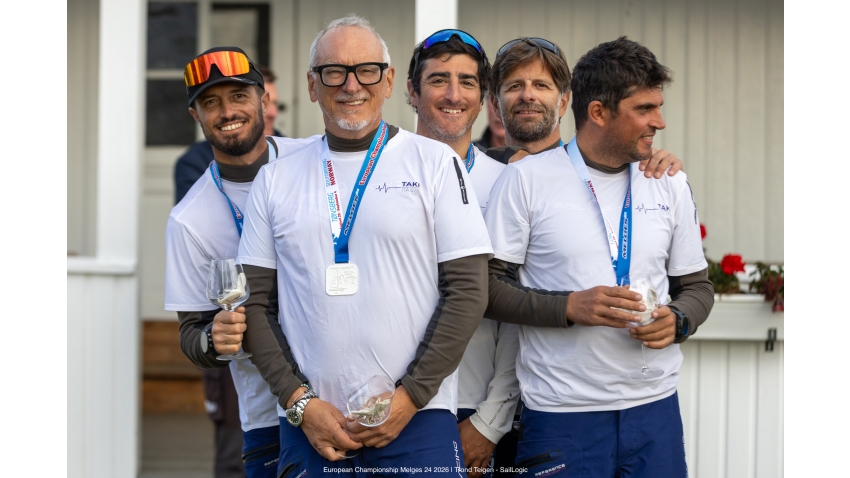 TAKI 5 (ITA 878) - Niccolò Bertola, Marco Zammarchi, Giacomo Fossati, Giovanni Bannetta, Pietro Seghezza and coach Francesco Bertone - Corinthian Silver at the Melges 24 European Championship 2026 - Tønsberg, Norway