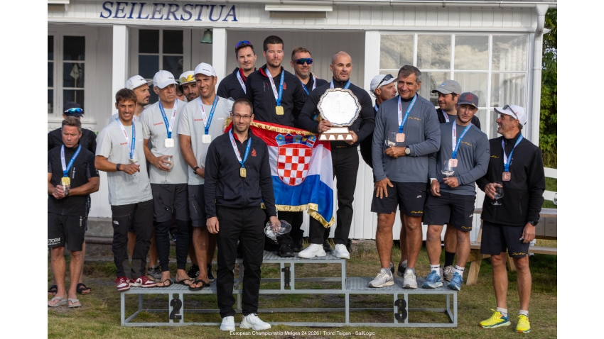 The overall podium - RAZJAREN (CRO), MELGINA (ITA) and NIKA (MON) - Melges 24 European Championship 2026 - Tønsberg, Norway