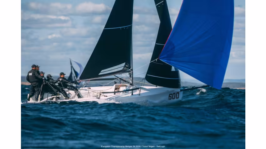 Team Bagdad Prospects (NOR) helmed by Tomas Mathisen, sailing with Hans Herman Nergaard, Daniel Andersen, Alexander Hylen Klippenberg and Jacob Undrum, planing at the Melges 24 European Championship 2026 - Tønsberg, Norway