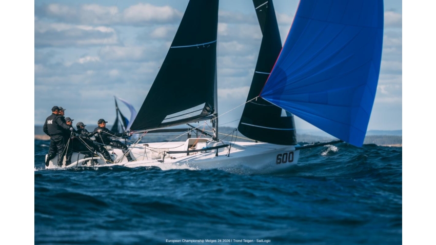 Team Bagdad Prospects (NOR) helmed by Tomas Mathisen, sailing with Hans Herman Nergaard, Daniel Andersen, Alexander Hylen Klippenberg and Jacob Undrum, planing at the Melges 24 European Championship 2026 - Tønsberg, Norway