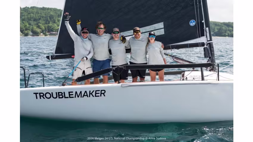 Troublemaker (USA) by Eddie Gary with John Goller, Katherine Booker, Curtis Woodworth and Steve Liebel celebrating the 2026 Melges 24 U.S. National Championship Corinthian title 