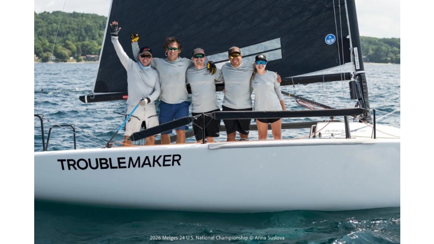Troublemaker (USA) by Eddie Gary with John Goller, Katherine Booker, Curtis Woodworth and Steve Liebel celebrating the 2026 Melges 24 U.S. National Championship Corinthian title 
