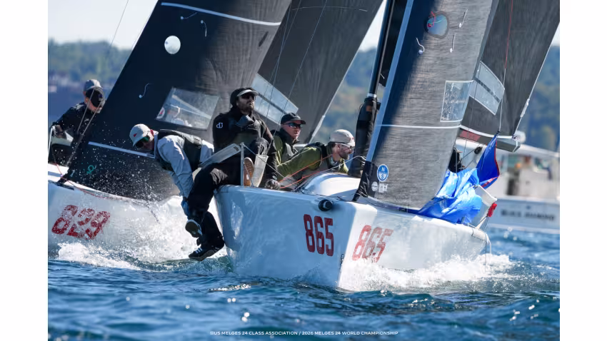 Wah Gwan (USA865) by Anthony Kotoun with Grant Janov, Jordan Janov, Franny Schulte and Stu McNay, take two bullets on Day Two at the Melges 24 World Championship 2026 in Harbor Springs