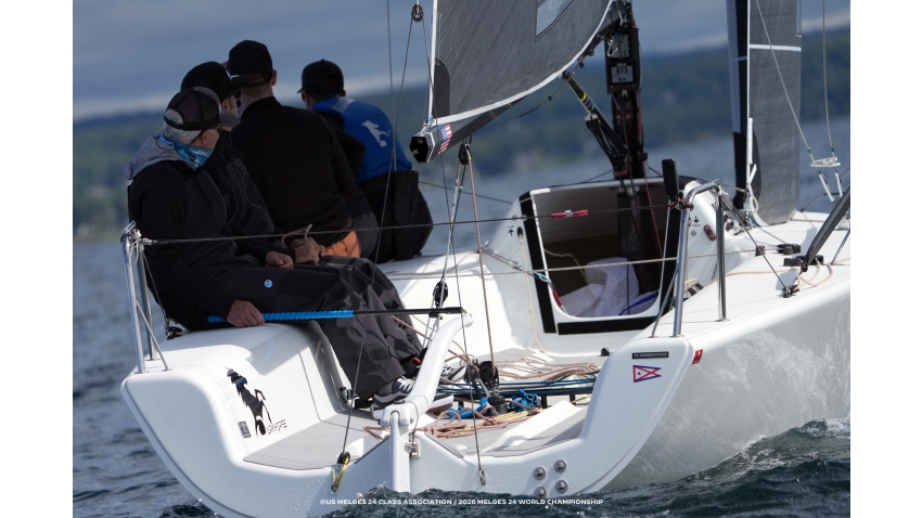 Dark Horse (USA) by Cuyler Morris with Manu Weiller, Ripley Shelley, Mark Ivey and Alec Anderson at the Practice Race - Melges 24 World Championship 2026 - Harbor Springs, MI, USA