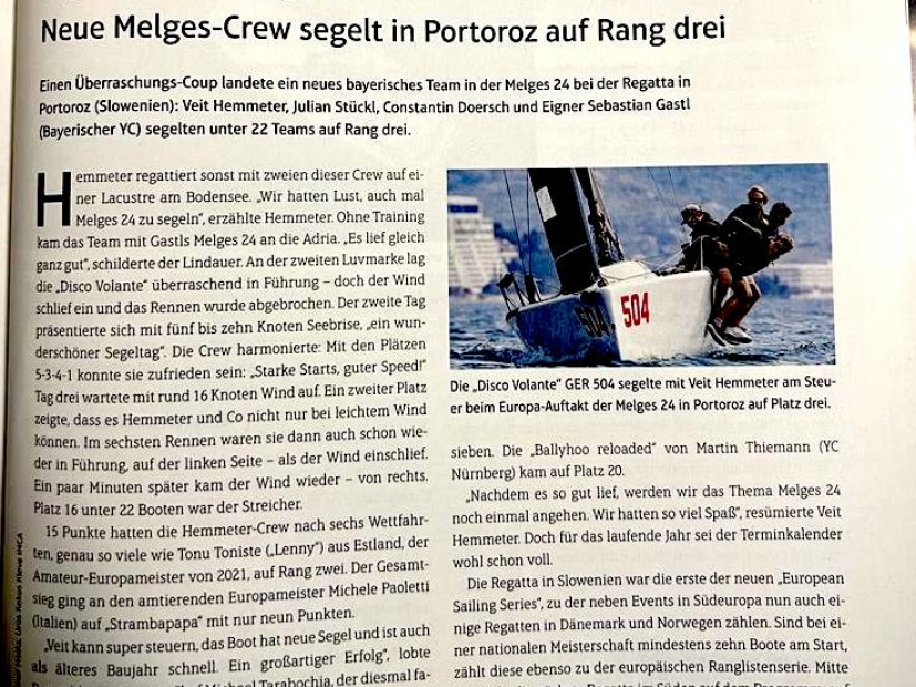 2023 June - Segler Zeitung - Neue Melges-Crew Segelt in Portoroz auf Rang Drei