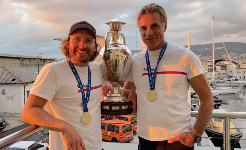 Paolo Brescia and Simon Sivitz of Melgina ITA793 with the perpetual trophy of the Melges 24 European Sailing Series 2021 - Trieste, Italy