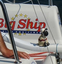 Cedric Pouligny's lucky mascot Sean The Sheep (who sits on his tiller) - Melges 24 Europeans 2001
