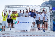 Melges 24 European Championship 2018 podium - 1st Maidollis ITA854 of Gian Luca Perego with Carlo Fracassoli helming; 2nd Caipirinha Jr ITA633 with Matteo Ivaldi at the helm; 3rd Lucky Dog / Gill Race Team USA749 with Travis Weisleder at the helm