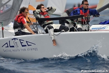 Andrea Racchelli helming Altea at the 2008 Volvo Melges 24 World Championship in Porto Cervo, Italy