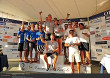 Storm Capital Sail Racing NOR751, Lorenzo Gemini's SIV Arborea, Augusto Poropat's Marrakesh Expres - 2012 Melges 24 World Championship Corinthian division podium - Torbole, Italy