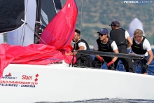 Paolo Brescia and his Melgina ITA693 with Jas Farneti, Giovanni Meloni, Simon Sivitz Kosuta and Ariberto Strobino at the 2019 Melges 24 Worlds in Villasimius, Sardinia, Italy