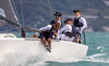 Nefeli GER673 of Peter Karrie with Niccolo Bianchi calling the tactics is on the third position after Day 2 of the Melges 24 European Sailing Series 2022 event 4 in Riva del Garda, Italy.