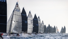 Melges 24 fleet sailing at the European Championship 2022 in Genoa