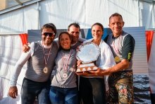 Strambapa ITA689 - Michele Paoletti, Giovanna Micol, Giulia Pignolo, Davide Bivi and Pietro Perelli - 2022 Melges 24 European Champions with Giorgio Zuccoli's Melges 24 European Championship Trophy in Genoa