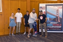 David Liebenberg of the Paris 2024 US Sailing Team (Nacra 17) congratulating team CONVEXITY's coach Michael Rehe - 2024 Diversified Melges 24 Worlds 2024 San Francisco 
