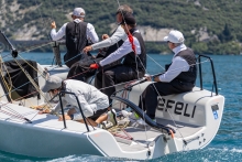 Dario Levi helming FREMITO d*ARIA ITA673 - Melges 24 Italian National Championship 2026 - Melges 24 European Sailing Series 2026 - Fraglia Vela Riva, Riva del Garda, Italy