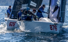Michael Goldfarb's Warcanoe (USA) with Nick Rogers helming,Julia Mamen, Chris Grube, Richard Clarke and Alyosha Strum-Palerm in crew, on Day 3 of the Melges 24 World Championship 2026 - Harbor Springs, MI, USA